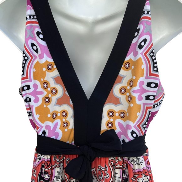 Eci New York Sleeveless V-Neck Floral Print Maxi Dress Pink/Black Multi Size 6 - Picture 3 of 10